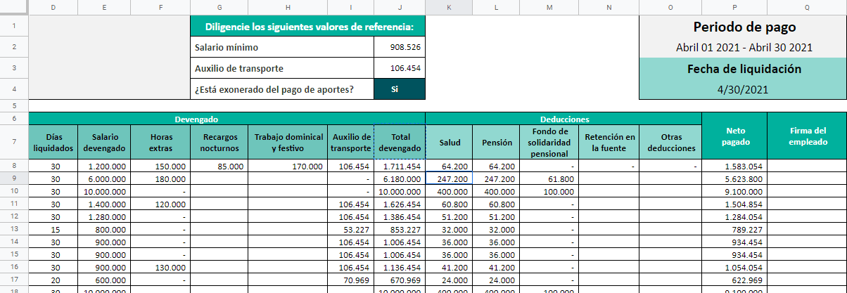 plantilla y formato de liquidación de nómina en excel