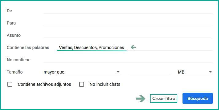 Palabras clave para filtros de Gmail