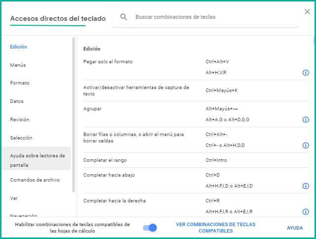 Atajos de teclado para Google Sheets